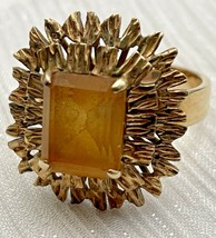 Topaz Ladies Ring Honey Emerald Cut 18k Yellow Gold Size 5.5 Vtg 5.76 Grams 1077 - £320.07 GBP