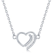 Sterling Silver Thin Heart with CZ Baguettes Necklace - £48.71 GBP