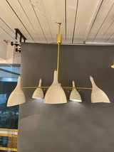 Mid Century Italian Chandelier Brass 5 Lights Ivory Shades Ceiling Light Fixture - £401.33 GBP