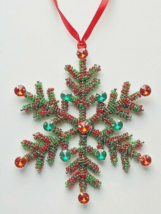 Snowflake Christmas Tree Red Green Ornament Beaded Jewels Ribbon Hanger ... - $22.42