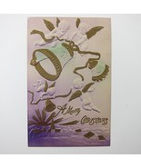 Christmas Postcard Cherub Angels Bells Air Brush Purple Gold Embossed An... - $14.99