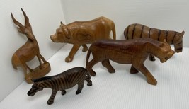 Hand Carved Wooden Animals African Jungle Safari Figures Lot Of 5 7 In &amp; Under - £26.06 GBP
