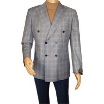 Men's Mono Double Breasted Blazer Super 180s Wool 1523-02 Blue Brown Plaid image 2