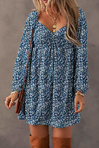 Blue Floral Print Sweetheart Neck Shirred Back Mini Dress - $37.99