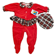 80s Carters Jumpsuit 6 Mos Baby 2 Pc Set Red Velour Plaid Beret USA Robb... - £23.02 GBP
