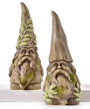 Gnome Tree Figurines Set of 2 Wood Carved Design Textured Detailing Poly Stone