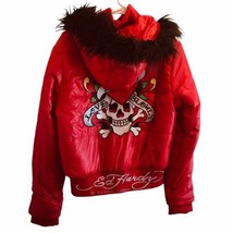 VTG Y2K Ed Hardy Puffer Jacket Ladies Red XL Fur Hood Embroidered Skulls AMAZING - £126.29 GBP