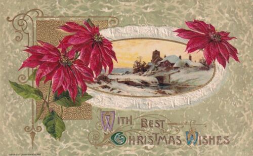 Primary image for With Best Christmas Wishes John Winsch 1919 Poinsettias Church Postcard C10