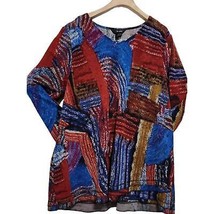 Ali Miles Top Womens XL Red Abstract Tunic Lagenlook Long Sleeves Artsy ... - £34.33 GBP