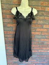 Vintage Shadowline Full Slip Small 32 Black Lace Hem V-Neck Adjustable Straps - £8.44 GBP