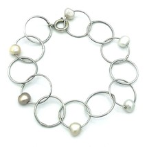Vintage 60&#39;s Sterling Silver Circle Link Pearl Bracelet 7.5&quot; - £23.48 GBP