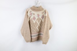 Vintage 90s Streetwear Womens Medium Hand Knit Floral Flower Turtleneck ... - $44.50