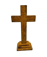 Vintage Handmade Free Standing Brown Wood Cross Religious Figurine 16 x 8&quot; - $24.33