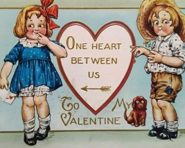 Valentines Day Postcard Farmer Boy Girl Puppy Dog Doxie Embossed Lynn Mass 1915 - £15.48 GBP