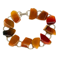 Silver Tone Polished Agate Bracelet 11 Natural Stones Flat Orange Red Brown 7&quot; - £12.11 GBP