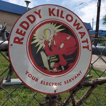 Vintage 1957 Reddy Kilowatt Your Electric Servant Porcelain Gas &amp; Oil Pump Sign - £97.89 GBP