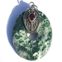 Sterling Silver Bali Green Moss Agate Donut with Garnet Pendant - £29.67 GBP