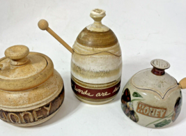 3 Vintage Studio Pottery Honey Pot Sugar Bowl Lid 2 tone Wooden Dipper Signed - £22.01 GBP