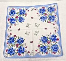 Vintage Hankie Spring Blue Daffodils w Pink and White Flowers 11 3/4 Inch - $13.50 CAD