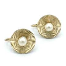 CORO real pearl &amp; gold-tone clip-on earrings - vintage round ribbed midcentury - £17.98 GBP