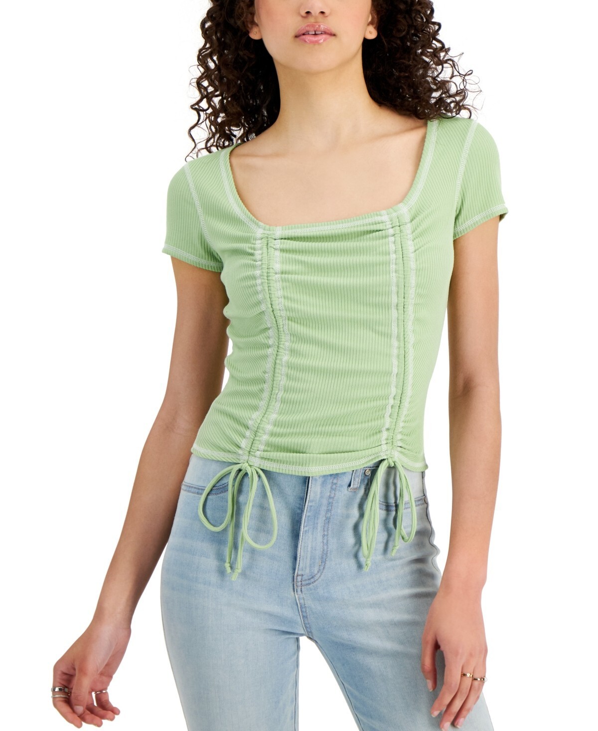Just Polly Juniors&#39; Square-Neck Ruched Top Small Sage B4HP - $7.95