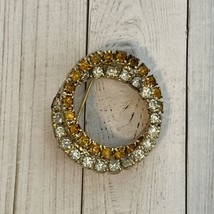 Vintage Round Double Circle Amber Clear Rhinestones Pin Brooch Pinback 1&quot; - £6.85 GBP