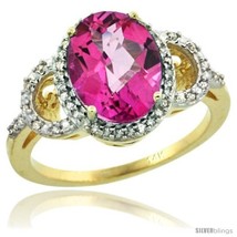 Size 5 - 14k Yellow Gold Diamond Halo Pink Topaz Ring 2.4 ct Oval Stone 10x8  - £658.90 GBP