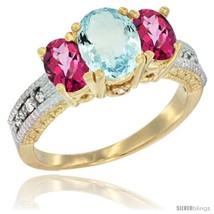 Size 5.5 - 14k Yellow Gold Ladies Oval Natural Aquamarine 3-Stone Ring with  - £588.81 GBP