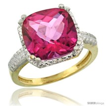 Yellow gold diamond pink topaz ring 5.94 ct checkerboard cushion 11 mm stone 12 in wide thumb200