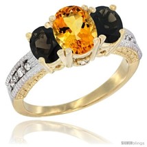 Size 7.5 - 14k Yellow Gold Ladies Oval Natural Citrine 3-Stone Ring with Smoky  - £526.68 GBP