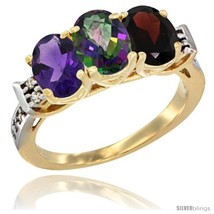 Size 8 - 10K Yellow Gold Natural Amethyst, Mystic Topaz &amp; Garnet Ring 3-Stone  - £446.04 GBP