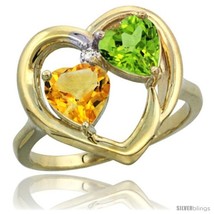 Size 8 - 14k Yellow Gold 2-Stone Heart Ring 6mm Natural Citrine &amp; Peridot  - £371.85 GBP
