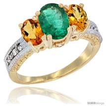 Size 9 - 14k Yellow Gold Ladies Oval Natural Emerald 3-Stone Ring with Citrine  - £595.05 GBP
