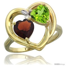 Size 10 - 14k Yellow Gold 2-Stone Heart Ring 6mm Natural Garnet &amp; Peridot  - £370.99 GBP