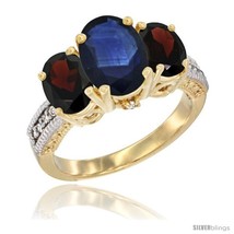 Size 9.5 - 14K Yellow Gold Ladies 3-Stone Oval Natural Blue Sapphire Ring with  - £717.28 GBP