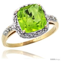 Size 6 - 14k Yellow Gold Diamond Peridot Ring 2.08 ct Cushion cut 8 mm Stone  - £459.45 GBP