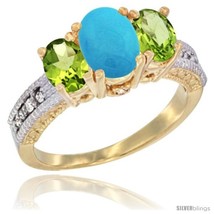 Size 8 - 14k Yellow Gold Ladies Oval Natural Turquoise 3-Stone Ring with  - £580.75 GBP