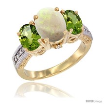 Size 9 - 14K Yellow Gold Ladies 3-Stone Oval Natural Opal Ring with Peridot  - £646.97 GBP