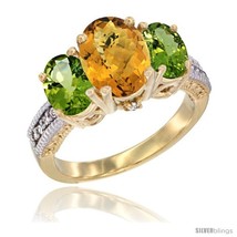 Size 8 - 14K Yellow Gold Ladies 3-Stone Oval Natural Whisky Quartz Ring with  - £630.31 GBP