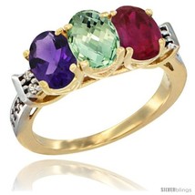 Size 10 - 10K Yellow Gold Natural Amethyst, Green Amethyst &amp; Ruby Ring 3-Stone  - $564.69