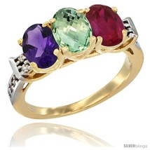 Size 5 - 10K Yellow Gold Natural Amethyst, Green Amethyst &amp; Ruby Ring 3-Stone  - £452.78 GBP