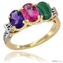 Size 6.5 - 10K Yellow Gold Natural Amethyst, Pink Topaz &amp; Malachite Ring  - £440.77 GBP