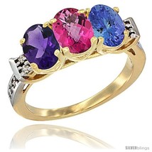 Size 5 - 10K Yellow Gold Natural Amethyst, Pink Topaz &amp; Tanzanite Ring 3-Stone  - $600.08