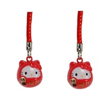 Set Of 2 Hello Kitty Brass Bell Charm Lucky Fortune Daruma Red Cell Phone Strap - £7.26 GBP