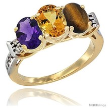Size 8 - 10K Yellow Gold Natural Amethyst, Citrine &amp; Tiger Eye Ring 3-Stone  - £437.04 GBP