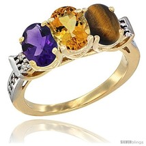 An item in the Jewelry & Watches category: Size 9.5 - 10K Yellow Gold Natural Amethyst, Citrine & Tiger Eye Ring 3-Stone 