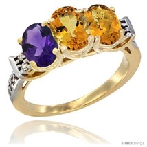 Size 7 - 10K Yellow Gold Natural Amethyst, Citrine &amp; Whisky Quartz Ring 3-Stone  - £444.19 GBP