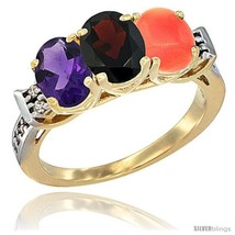 Size 9.5 - 10K Yellow Gold Natural Amethyst, Garnet &amp; Coral Ring 3-Stone Oval  - $552.09