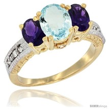 Size 6 - 10K Yellow Gold Ladies Oval Natural Aquamariine 3-Stone Ring with  - £452.89 GBP