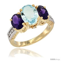 Size 11 - 10K Yellow Gold Ladies 3-Stone Oval Natural Aquamarine Ring with  - £524.58 GBP